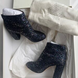 Charlotte Olympia Black Glitter Ankle Boots with Multicolor Sparkle